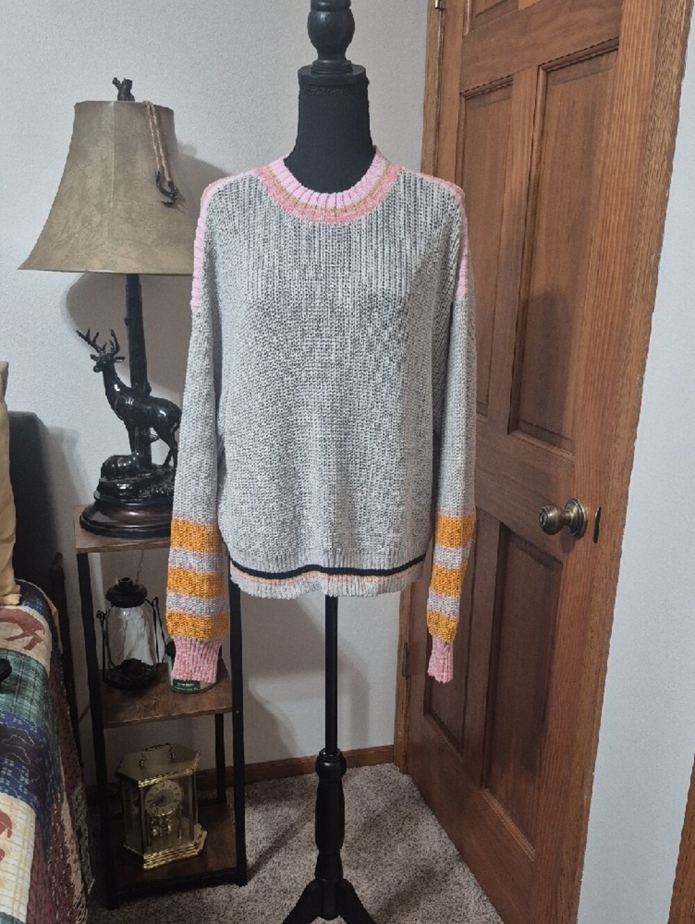 Easel Pink-Trim Gray Crewneck Sweater